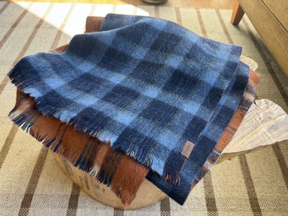 Pendleton Reversible Wool Neck Scarf Plaid Blue Tan 92 X 15